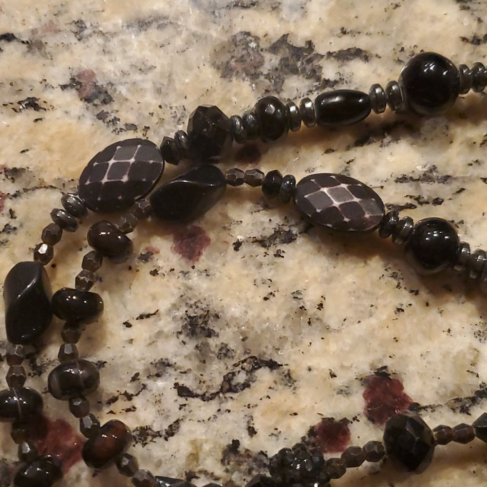 Handmade Black Beaded Statement Necklace Multi Shape Acrylic Glass Mixed Bead - Picture 2 of 5